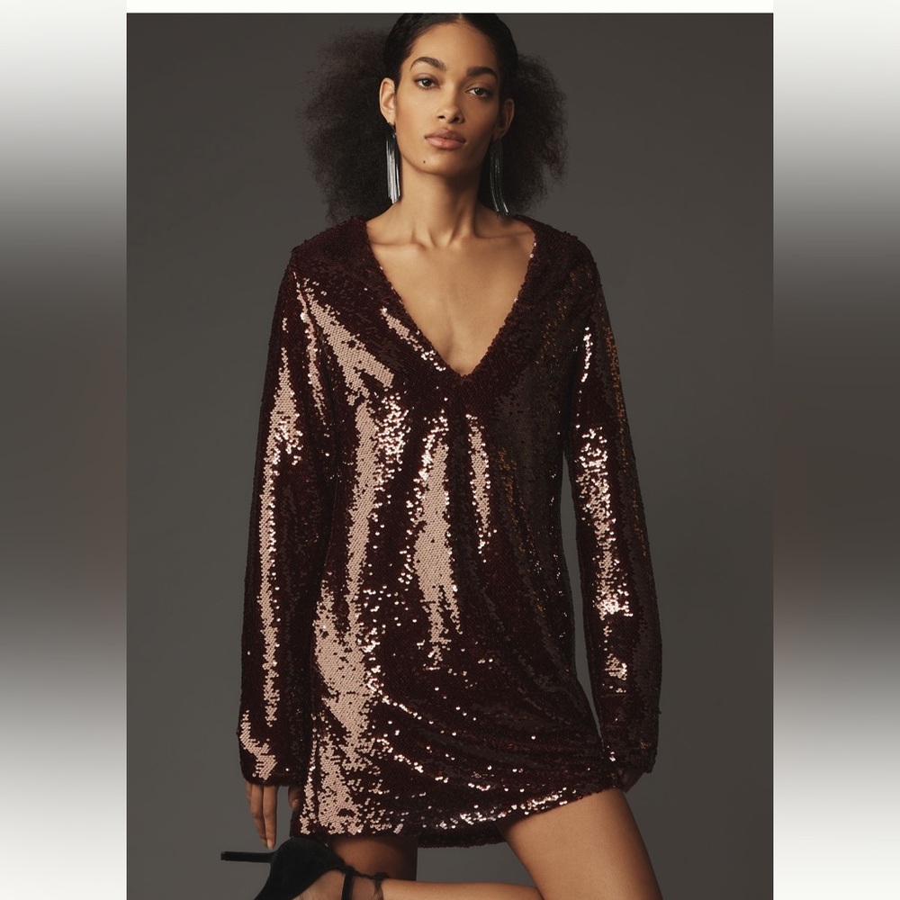 Wine colored pull on sequin holiday dress from Anthropologie.  NBW Size L